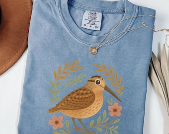 American Woodcock Shirt | Folk Art Bird Illustration | Whimsical Floral Design for Nature Lovers | Gift for Birder  | Gardner Shirt