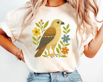 Floral Hawk Shirt | Folk Art Bird Illustration | Nature Design for Birdwatchers and Raptor Lovers | Hawk Lover | Gift for Birder