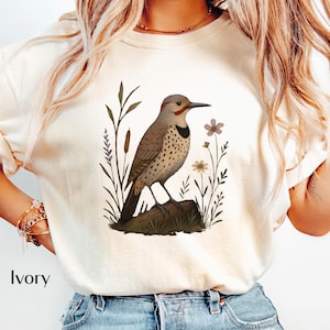 Northern Flicker Shirt | Watercolor Forest Bird with Wildflowers | Nature-Inspired Botanical Tee | Gift for Birder | Gardner Shirt