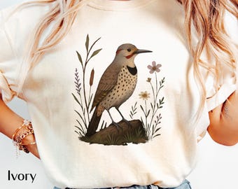 Northern Flicker Shirt | Watercolor Forest Bird with Wildflowers | Nature-Inspired Botanical Tee | Gift for Birder | Gardner Shirt