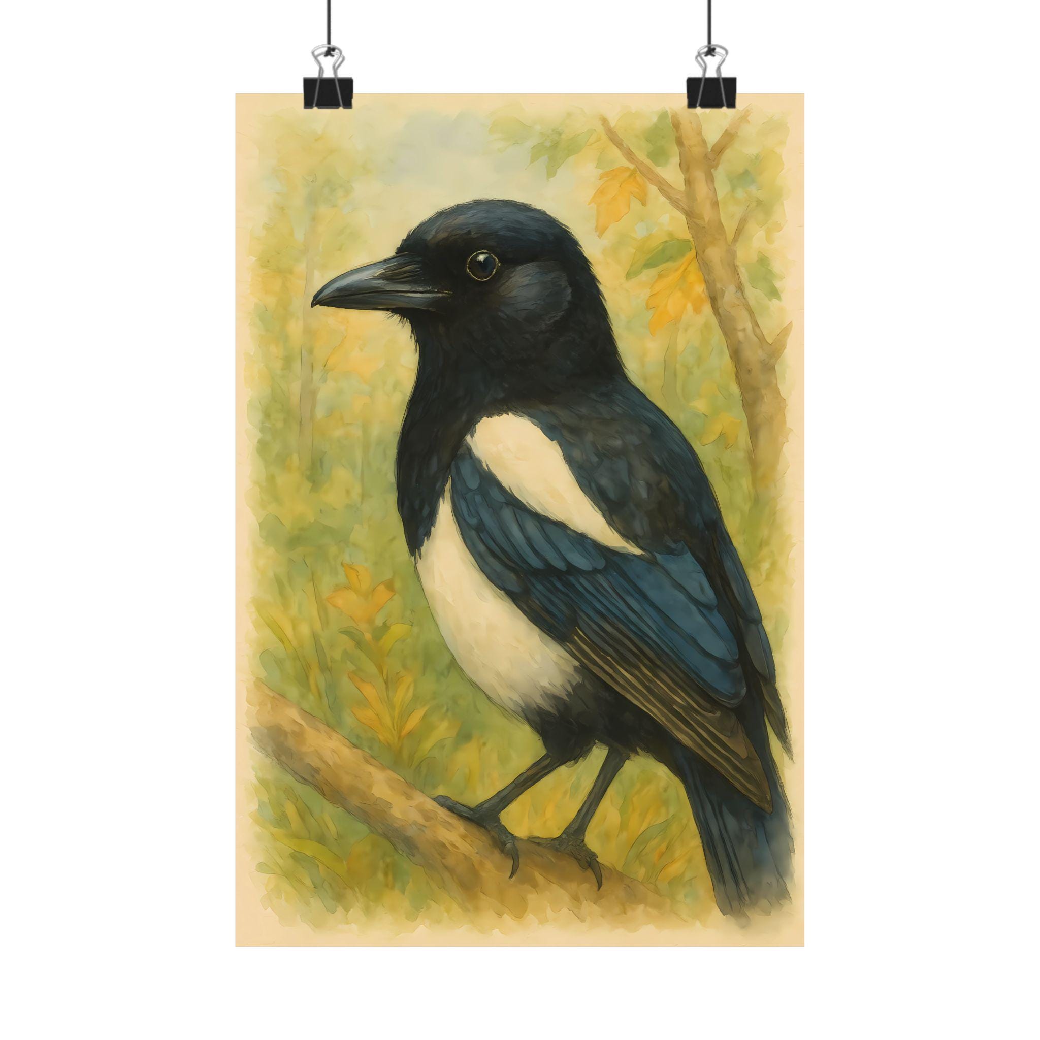 Black-billed Magpie Poster | Watercolor Bird Art Print | Bird Poster ...