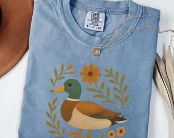 Duck Shirt | Mallard Shirt | Folk Art Bird Illustration | Whimsical Floral Design for Nature Lovers | Gift for Birder  | Gardner Shirt