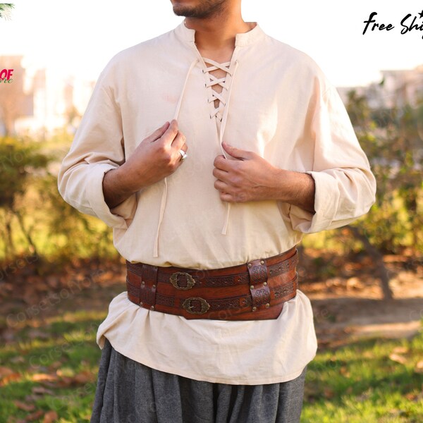 Viking Renaissance Linen Tunic, Aesthetic Comfort Colors Retro Shirt, Medieval Vintage Pirate Shirt, Ren Faire Unique Mens Drawstring Tunic