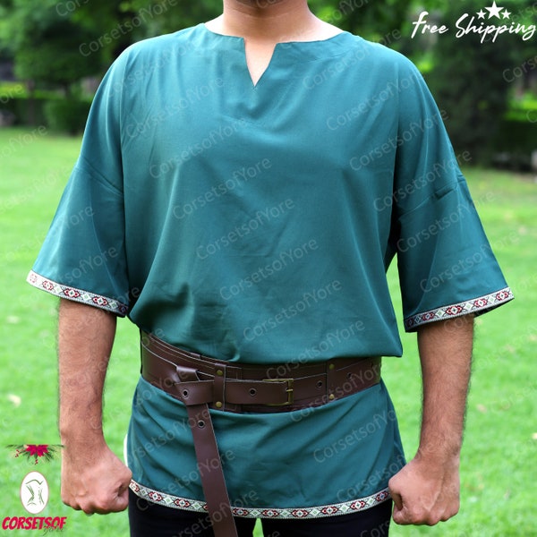 Viking Medieval Mens Tunic, Renaissance Fair Larp Tunic, Vintage Comfort Colors Aesthetic Shirt, Pirate Unique V Neck Short Sleeves Shirt