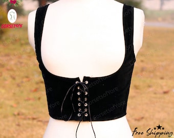 Renaissance Underbust Corset Belt, Black Vintage Lace Up Corset, Ren Faire Medieval Cupless Corset, Gothic Cosplay Waist Corset with Straps