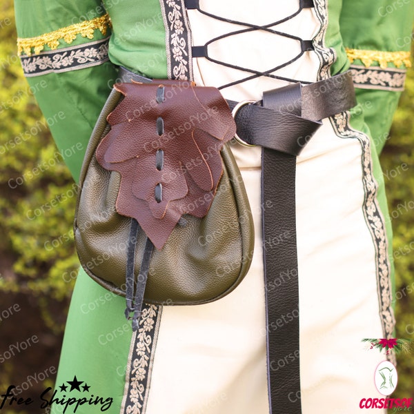 Medieval Renaissance Viking Belt, Fairy Elven Leaf Larp Bag, Ren Faire Pure Leather Knights Belts, Vintage Belt & Bag for Cosplay Costume