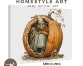 Cozy Autumn Wall Art with Elves in Pumpkin - Rustic Home Decor, Digital Watercolor Print, Hallway or Living Room Decoration
