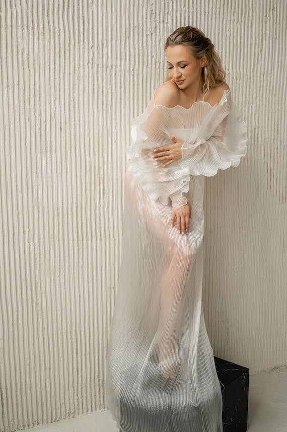 iridescent sheer dress Ethereal Organza Wedding Dress: Sheer Iridescent Gown, Off-Shoulder Ruffle Sleeves