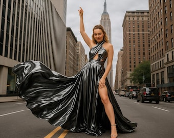 Long Flying Dress For Photoshoot Convertible Flying Dress Satin Silver Dress With Train Infinity Dress Photoshoot Flowing futuristic Dress