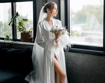 White Satin Bridal Robe with Feather Sleeves Bride Getting Ready Outfit