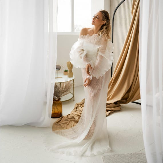 Sheer Organza Unique Wedding Dress Ruffled Sleeves Off-Shoulder Gown