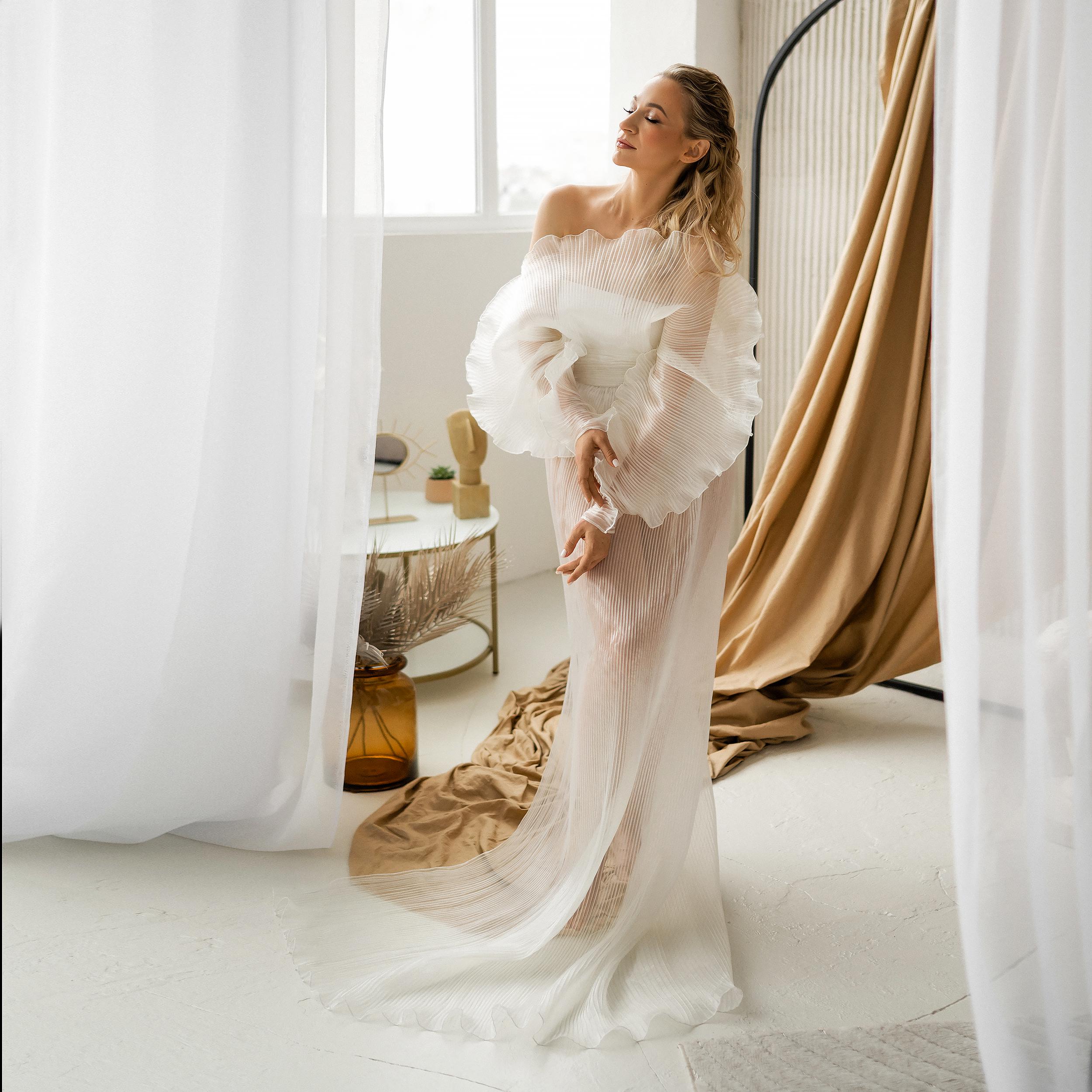 Transparent organza wedding dress, sheer unique wedding dress, simple wedding dress, unique princess wedding dress, mermaid wedding dress