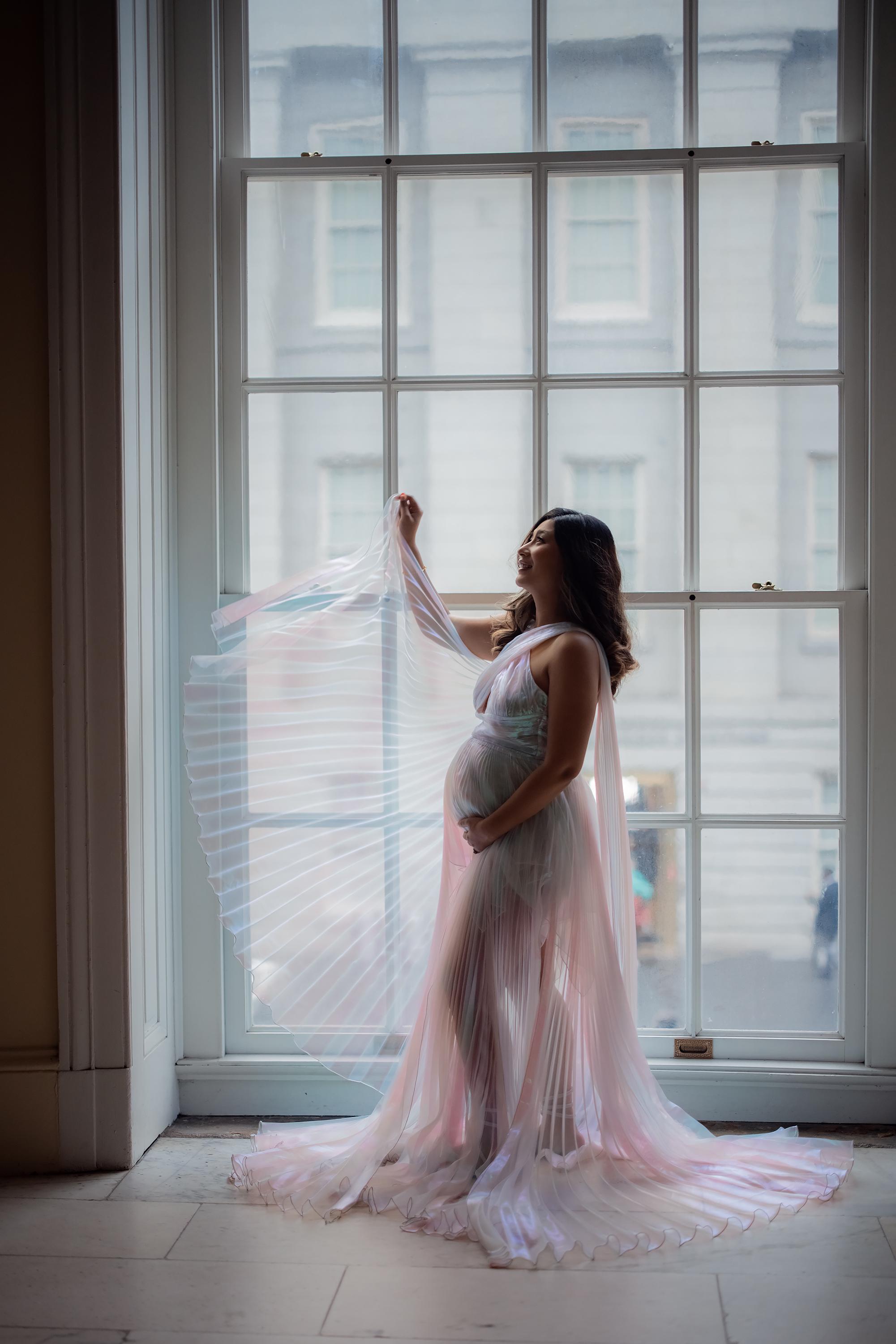 Iridescent Organza Maternity Dress Ethereal Pastel Pleated Flowing Train Pregnancy Photoshoot