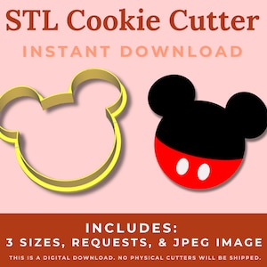 Op de afbeelding: Digitale download van drie maten STL-bestanden voor een Mickey Mouse koekjesvormpje. De afbeelding toont een gele omtrek van het vormpje en een rood en zwart Mickey Mouse hoofd.