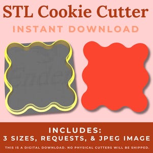 Puede incluir: STL Cookie Cutter Descarga instantánea. Una descarga digital de un diseño de cortador de galletas imprimible en 3D. Incluye 3 tamaños, solicitudes y una imagen JPEG.