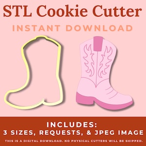 Puede incluir: Una descarga digital de tres tamaños de un diseño de cortador de galletas de bota vaquera. La imagen muestra una bota vaquera rosa con un diseño de llama. El texto "STL Cookie Cutter" y "INSTANT DOWNLOAD" está en la parte superior de la imagen. El texto "INCLUDES: 3 SIZES, REQUESTS, & JPEG IMAGE" está en la parte inferior de la imagen.