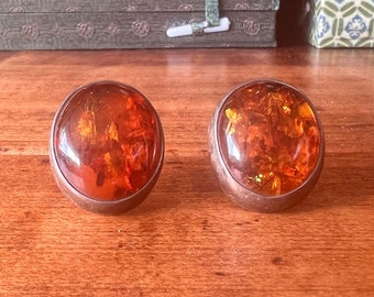 Large Baltic Amber Cabachon Style Earrings, 1970s