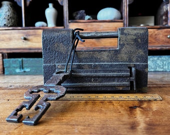 Rare 18th Century Mughal-Era Iron Puzzle Lock | Hand-Forged Block Padlock with Original Trick Key