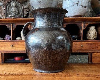 Antique Pennsylvania Redware Milk Pitcher: Ebony Slip, 1800s
