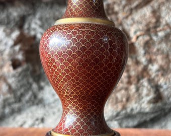 Antique Oxblood  Red Cloisonné Vase, Chinese Aventurine Enamel, Fish-Scale Pattern