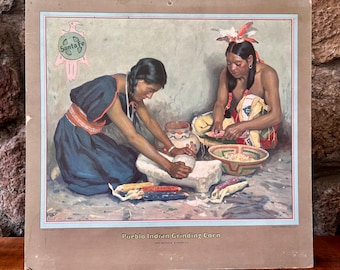 1927 Southern Pacific Railroad Calendar Cover – E. Irving Couse Pueblo Corn Art — SPR Route Map