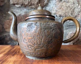 Antique Chinese Copper Kettle Hand Chased Sage Pine Landscape Late Qing Republic Period 1890 1915