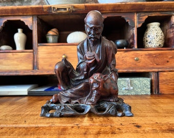 Chinese Carved Wood Scholar With Tiger