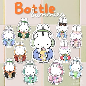 Cute Bunnies with water bottle Sticker | various seasons/designs | Cute | Vinyl Sticker Sheet | Stickers | Matte Stickers