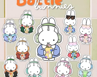 Cute Bunnies with water bottle Sticker | various seasons/designs | Cute | Vinyl Sticker Sheet | Stickers | Matte Stickers