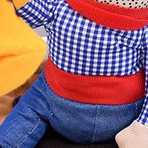May include: A plush toy monkey wearing a blue and white checkered shirt, red pants, and a red belt.