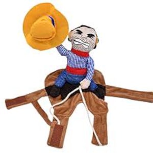 May include: A brown plush dog costume with a cowboy riding on top. The cowboy is wearing a blue and red plaid shirt, blue jeans, a brown belt, and a yellow cowboy hat. The cowboy is holding a rope.