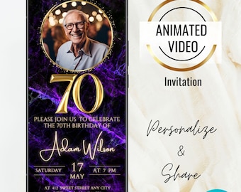 Animated Purple Gold 70th Birthday Photo Invitation, Digital 70th Birthday invite, Editable Text Marble Gold 70th Birthday Party, women, man