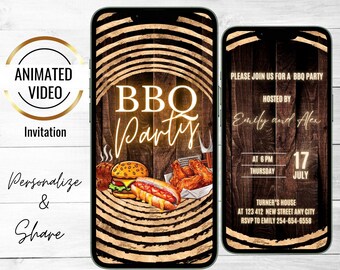 Animated BBQ Party Golden Rings Invite, Hamburger, Hot Dog and Chicken BBQ Invitation, Editable Party Evite, Backyard Barbecue Party, Grill