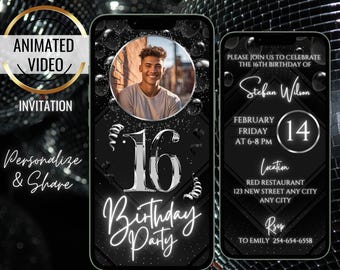 Black 16th Birthday Invitation, Silver Animated 16th Birthday Party Invite, Photo Invitation, Digital Birthday Itinerary, Teenager Evite