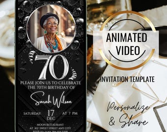 Black 70th Birthday Party Invite, Photo Video Invitation, 70th Birthday Dinner, 70 Birthday Brunch, Invitation for Women Men, Editable text