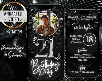 May include: A black and white digital invitation for a 21st birthday party. The invitation features a photo of a man, the number 21, and the text "Birthday Party". The invitation also includes the date, time, and location of the party. The text "RSVP to Emily 254-654-6558" is at the bottom of the invitation.