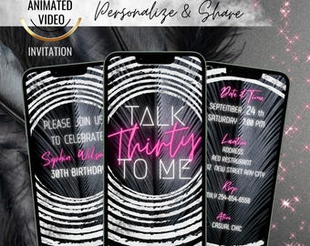 Talk Thirty To Me Birthday Invitation, Digital 30th Birthday Party Invite, Animated Pink Silver Birthday Itinerary, Neon Bday Glam Evite