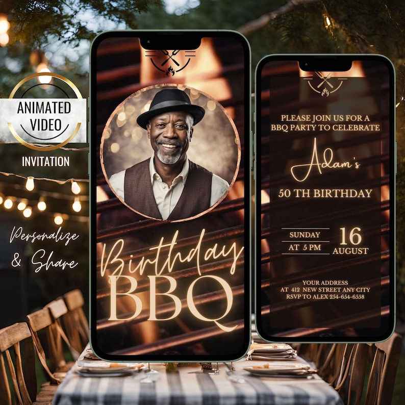 Geanimeerde foto-uitnodiging voor een verjaardagsbarbecue, uitnodiging voor een barbecue in de achtertuin, bewerkbare uitnodiging voor een barbecuefeest, zomerse barbecue, housewarming afbeelding 1