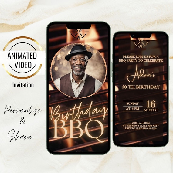 Animated Birthday BBQ Photo Invite, Grill Flames BBQ Invitation, Editable Birthday Party Evite, Backyard Barbecue Party, Instant Download