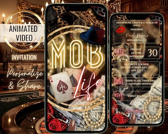 Invito animato a tema gangster, invito per festa di compleanno a tema gangster, modello digitale modificabile