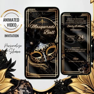 Könnte beinhalten: Eine digitale Einladung in Schwarz und Gold für einen Maskenball. Die Einladung zeigt eine goldene und schwarze Maskenballmaske mit Federn und einem goldenen Rand. Der Text auf der Einladung lautet "Maskenball" und enthält Datum, Uhrzeit und Ort der Veranstaltung.