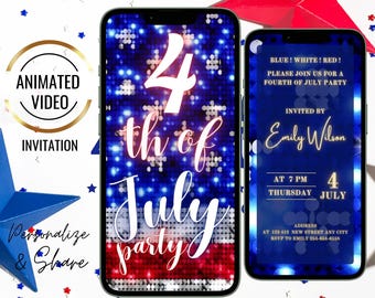 Animated 4th of July American Flag Invitation, Independence Day Pool Party Invite, Patriotic Invitation, Editable Labor Day Template, BBQ