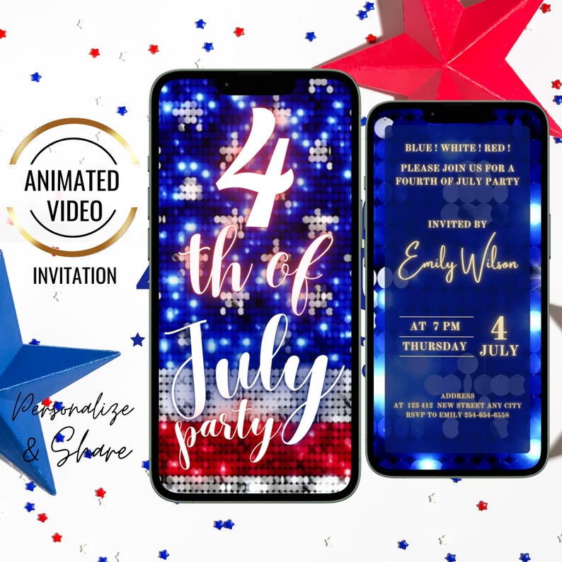 Animated 4th of July American Flag Invitation, Independence Day Pool Party Invite, Patriotic Invitation, Editable Labor Day Template, BBQ image 1