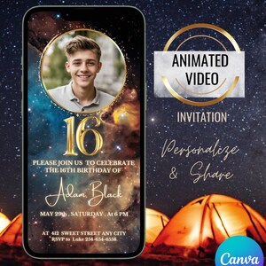 デジタル スペース 16 歳の誕生日招待状、アニメーション テキスト編集可能な誕生日パーティー招待状、キャンプ ナイト 16 歳の誕生日招待状、ギャラクシー招待状