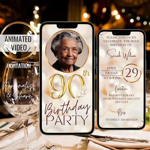 Pearl 90th Birthday Invitation, Animated Elegant Birthday Party Invite, 90th Birthday Dinner, Mother Birthday, Grandmother Birthday Brunch