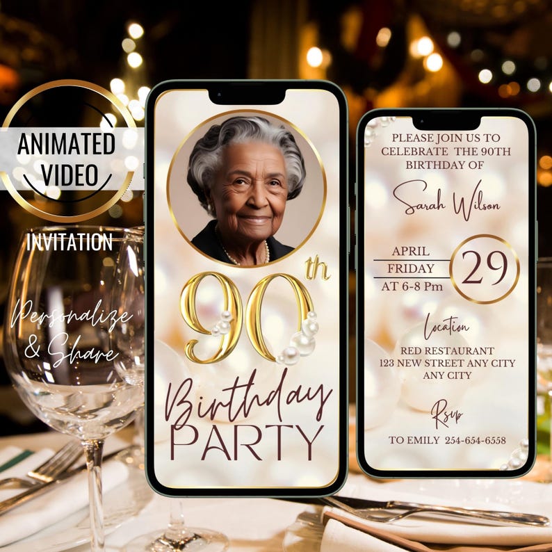 May include: A digital invitation for a 90th birthday party. The invitation features a photo of a woman, a gold number 90 with pearl accents, and the text "Birthday Party". The invitation also includes the date, time, and location of the party.