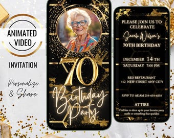 Gold 70th Birthday Invitation, Black & Gold 70th Birthday Party, Editable Surprise Birthday Template, Digital 70th Birthday Dinner Invite