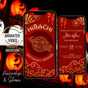 Animated Hibachi Dinner Invitation, Digital Dragon Birthday Party Invite, Japanese Dinner Party Evite,  Editable Template, Hibachi shower