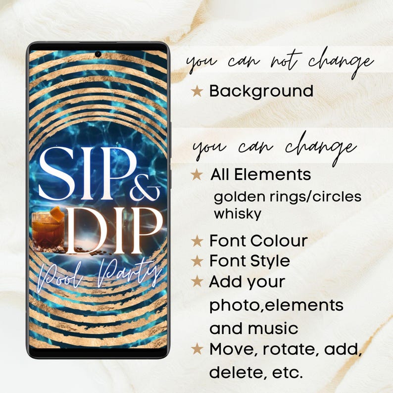 SIP & DIP Pool Party Animated Invite, Whiskey Theme Invitation, Adult Swimming Party Evite, Golden Rings Digital Evite, End Of Summer image 4