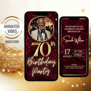 Animierte Kastanienbraun Gold 70. Geburtstag Foto-Einladung, Digital 70. Geburtstag Party einladen, bearbeitbarer Text 70. Geburtstag Abendessen Evite, Frauen Männer
